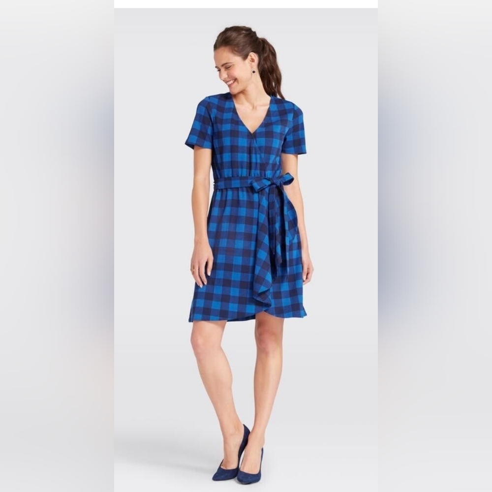 Draper James Blue Buffalo Plaid Wrap Dress, Size XL